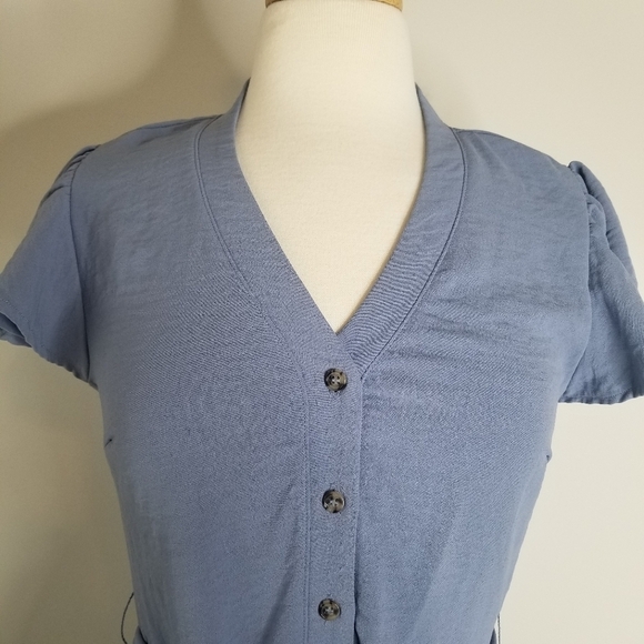 Lucky Brand Blue Crepe Button Front Tie Waist Dress Size L Flutter Sleeves - Picture 5 of 14
